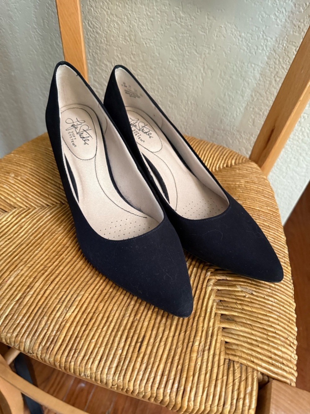 Life Stride Soft System Sateen Black Pointed Toe Pumps with Cushioned Insole